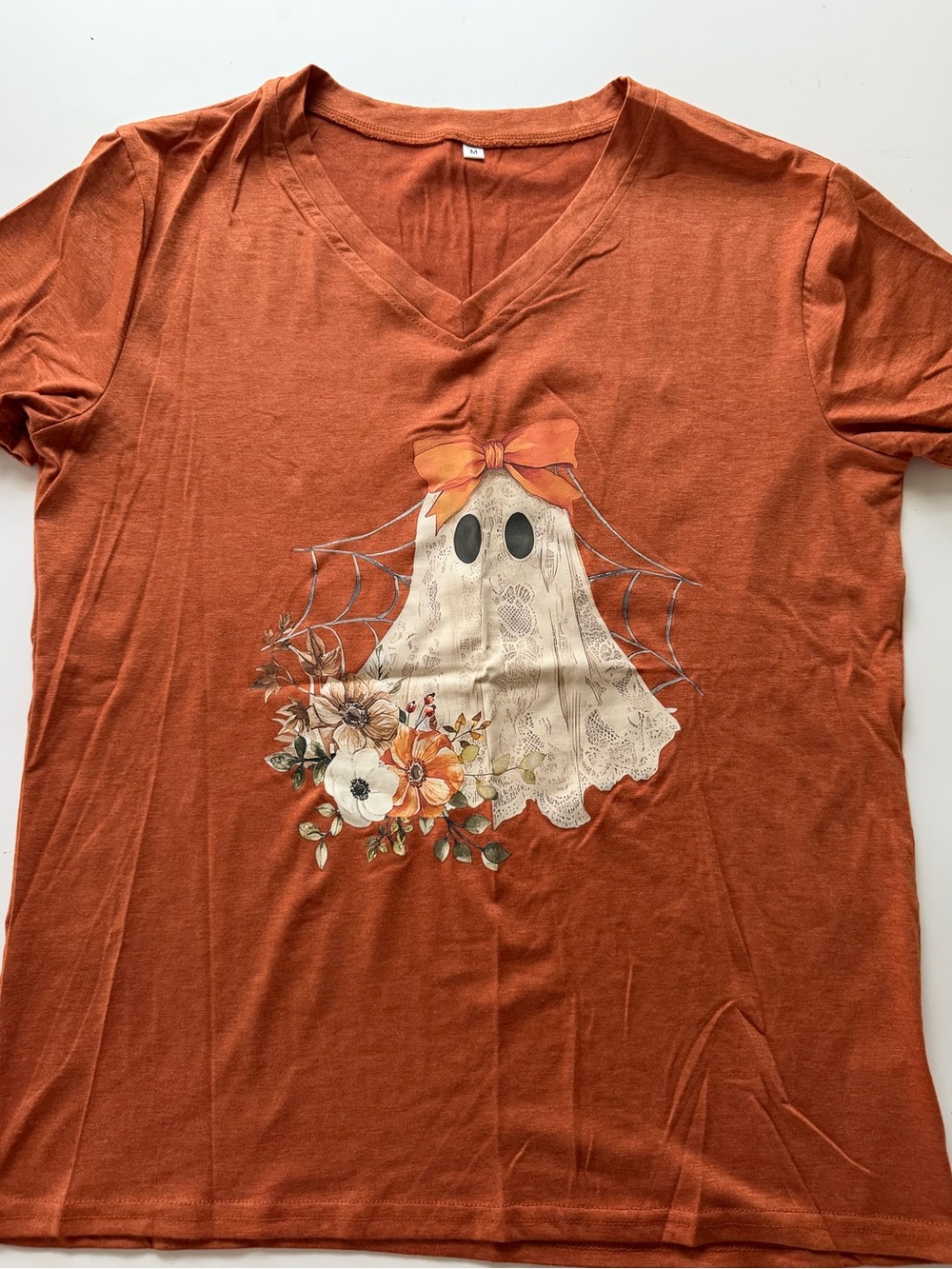 Rust Orange Halloween Ghost Graphic V-Neck Tee